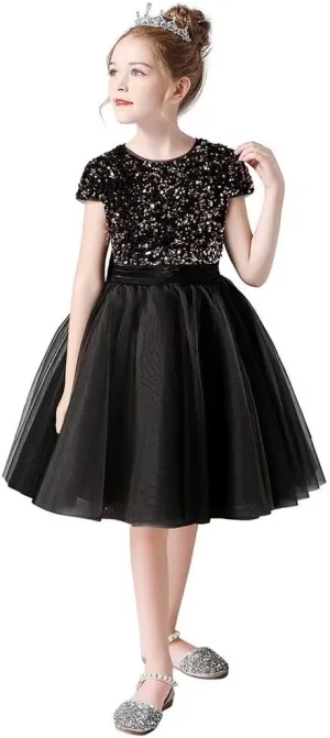 dideyttawl Short Flower Girls Dress Short Sleeves Velvet Sequin Top Tulle Skirt Round Neck Junior Bridesmaid Dresses