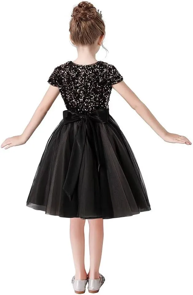dideyttawl Short Flower Girls Dress Short Sleeves Velvet Sequin Top Tulle Skirt Round Neck Junior Bridesmaid Dresses