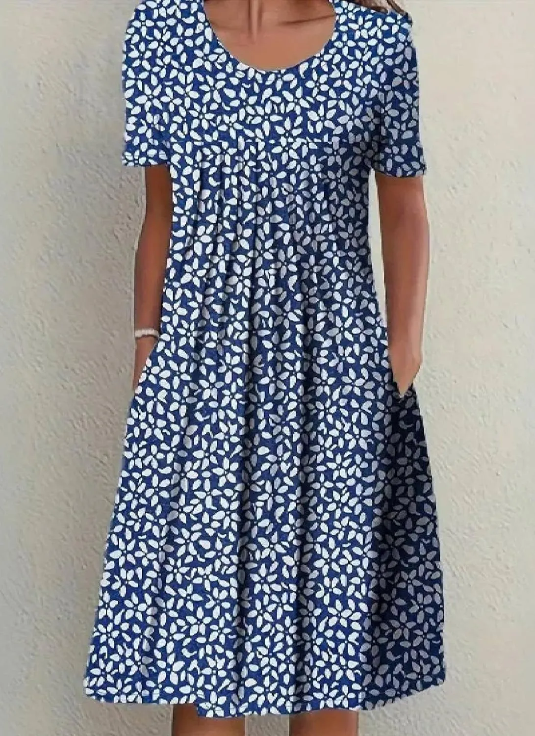 Dresses for Women Print Round Neck Summer Short Sleeve Dress Leisure Shift Midi Dress Pastoral Dresses