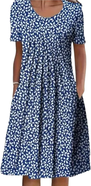Dresses for Women Print Round Neck Summer Short Sleeve Dress Leisure Shift Midi Dress Pastoral Dresses