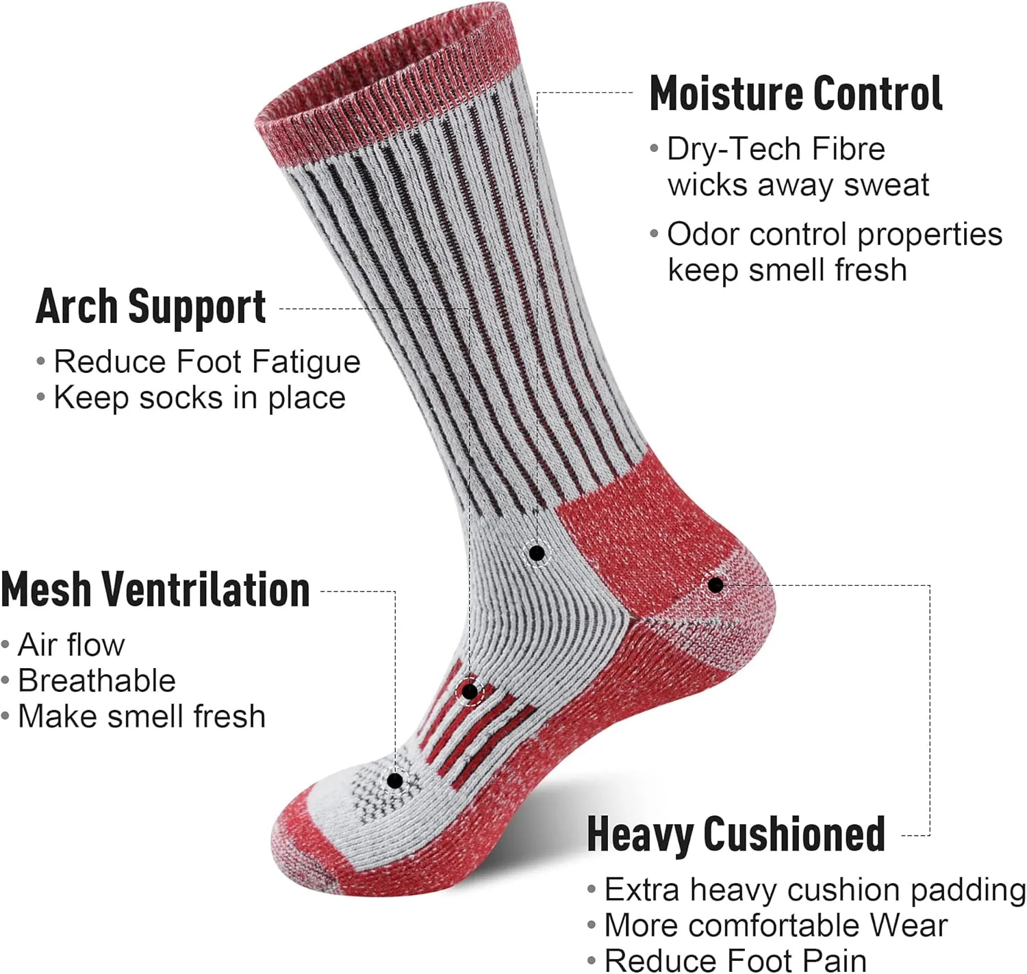 ECOEY Men's Merino Wool Cushioned Hiking Trekking Crew Socks 4 Pairs, Middle Calf Length with Moisture Wicking