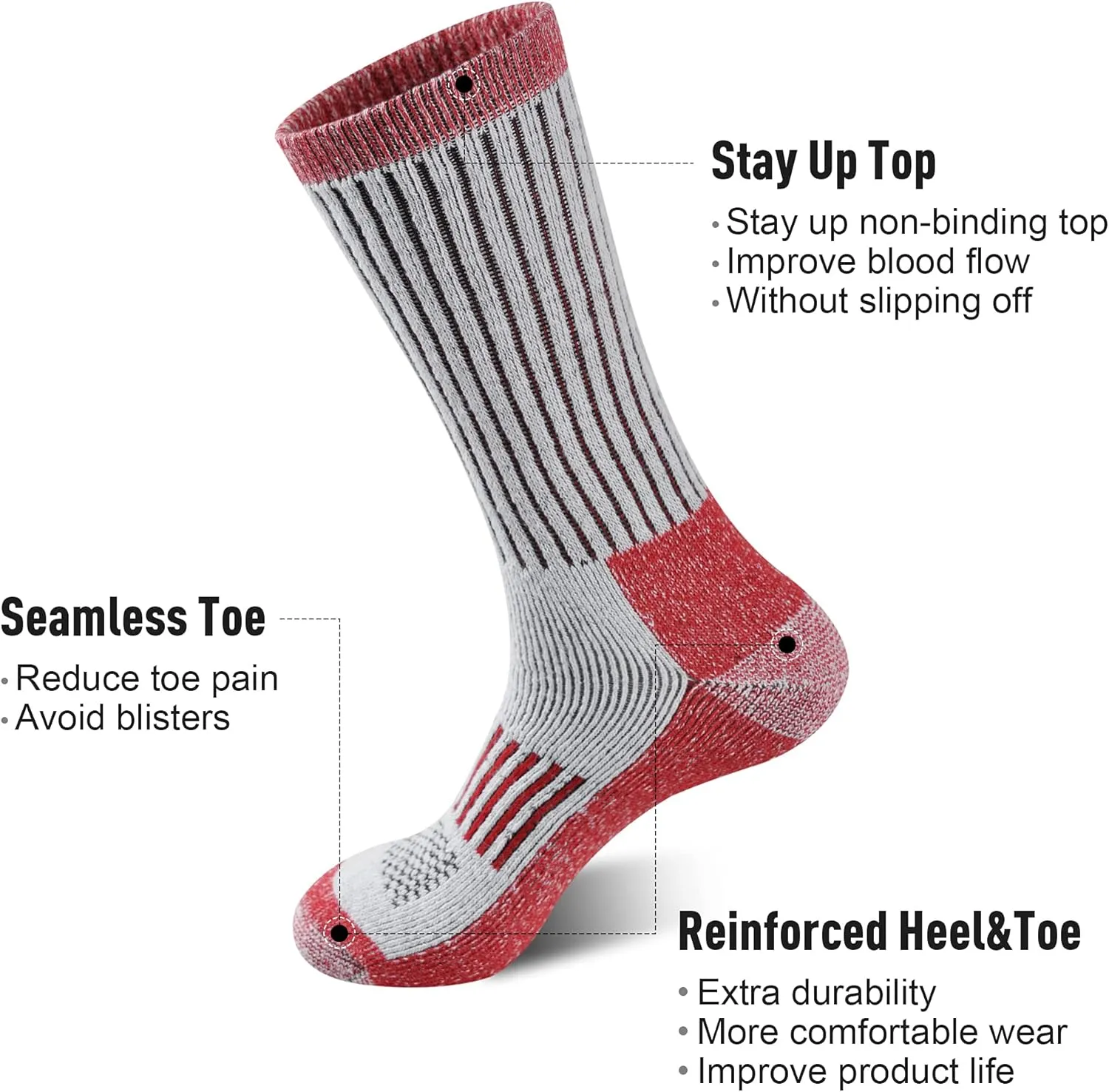 ECOEY Men's Merino Wool Cushioned Hiking Trekking Crew Socks 4 Pairs, Middle Calf Length with Moisture Wicking
