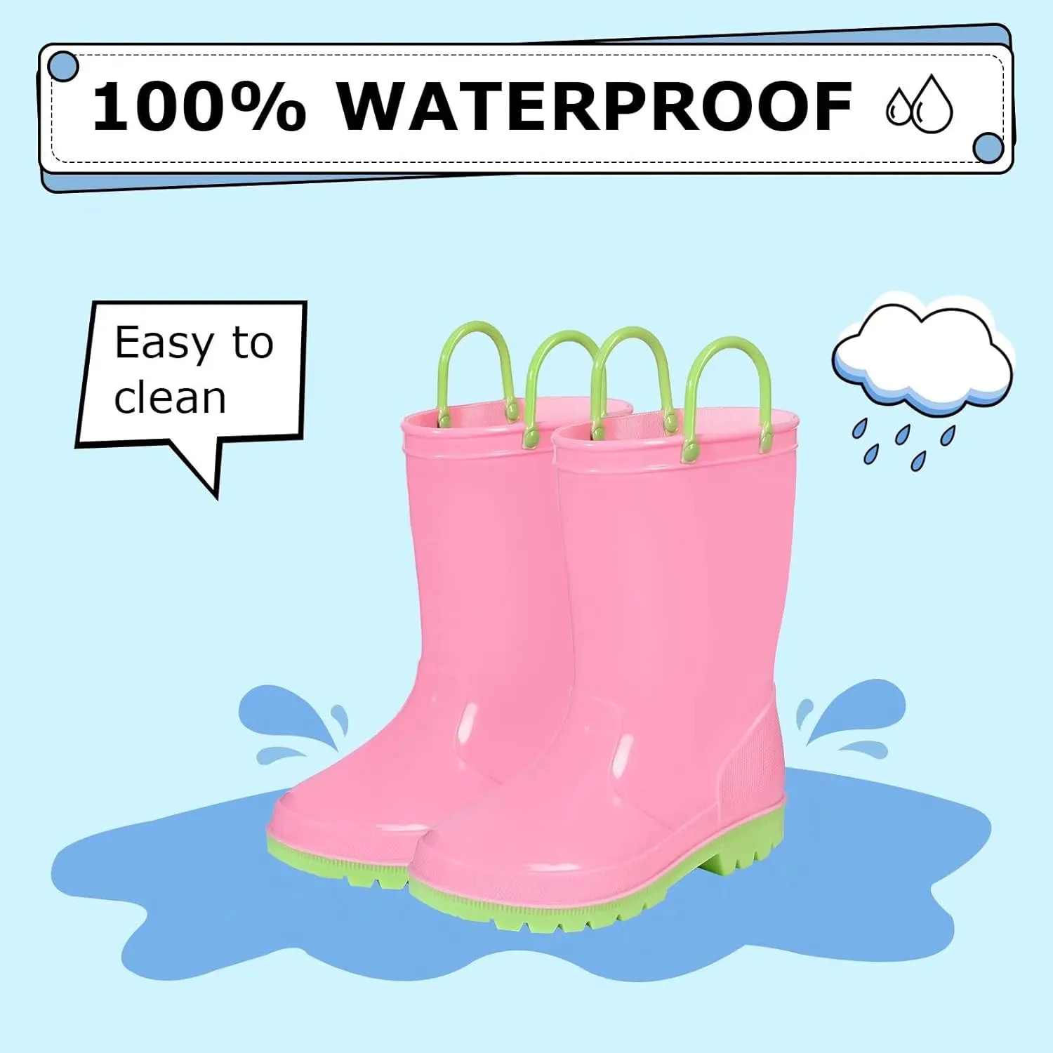 EUXTERPA Boys Girls Rain Boots Toddler Kids Waterproof Boots Children Lightweight Rain Shoes with Handles
