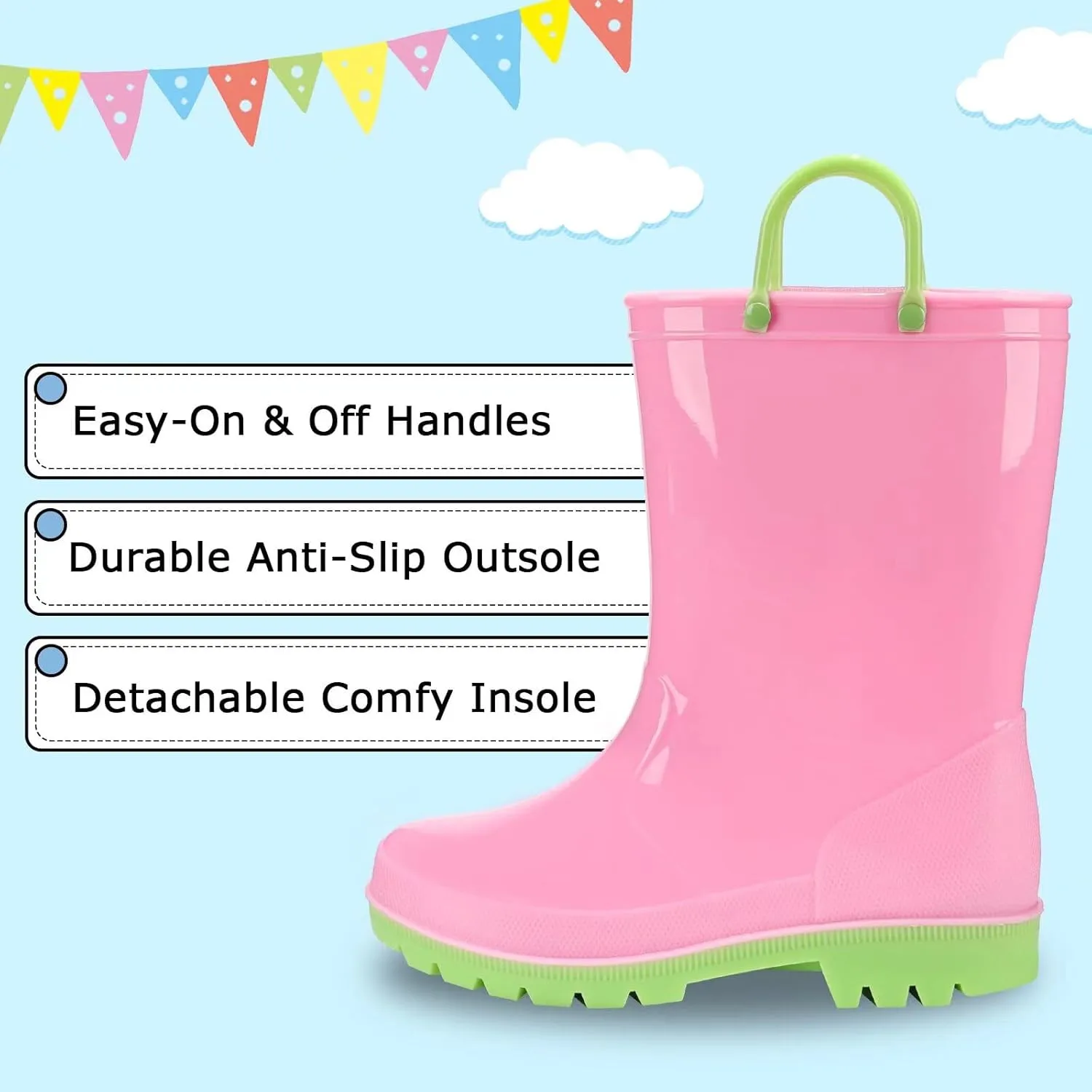 EUXTERPA Boys Girls Rain Boots Toddler Kids Waterproof Boots Children Lightweight Rain Shoes with Handles