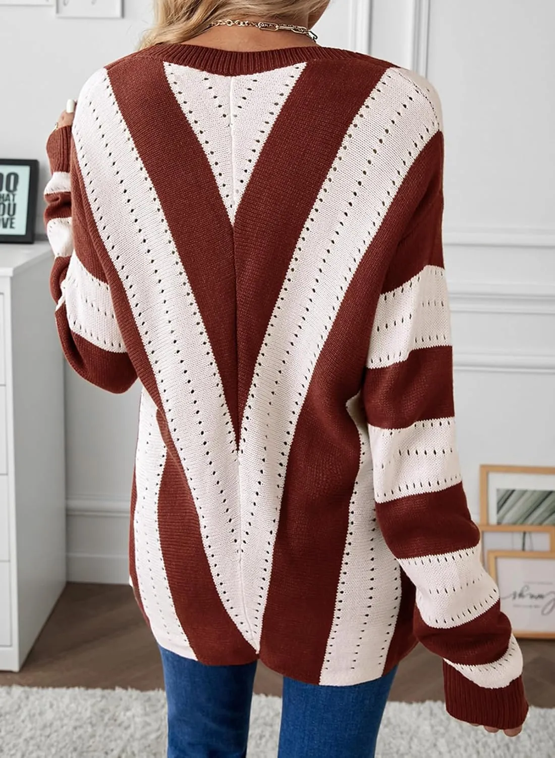 EVALESS Sweaters for Women Sleeve Sexy Deep V Neck Casual Knit Striped Pullover Sweater