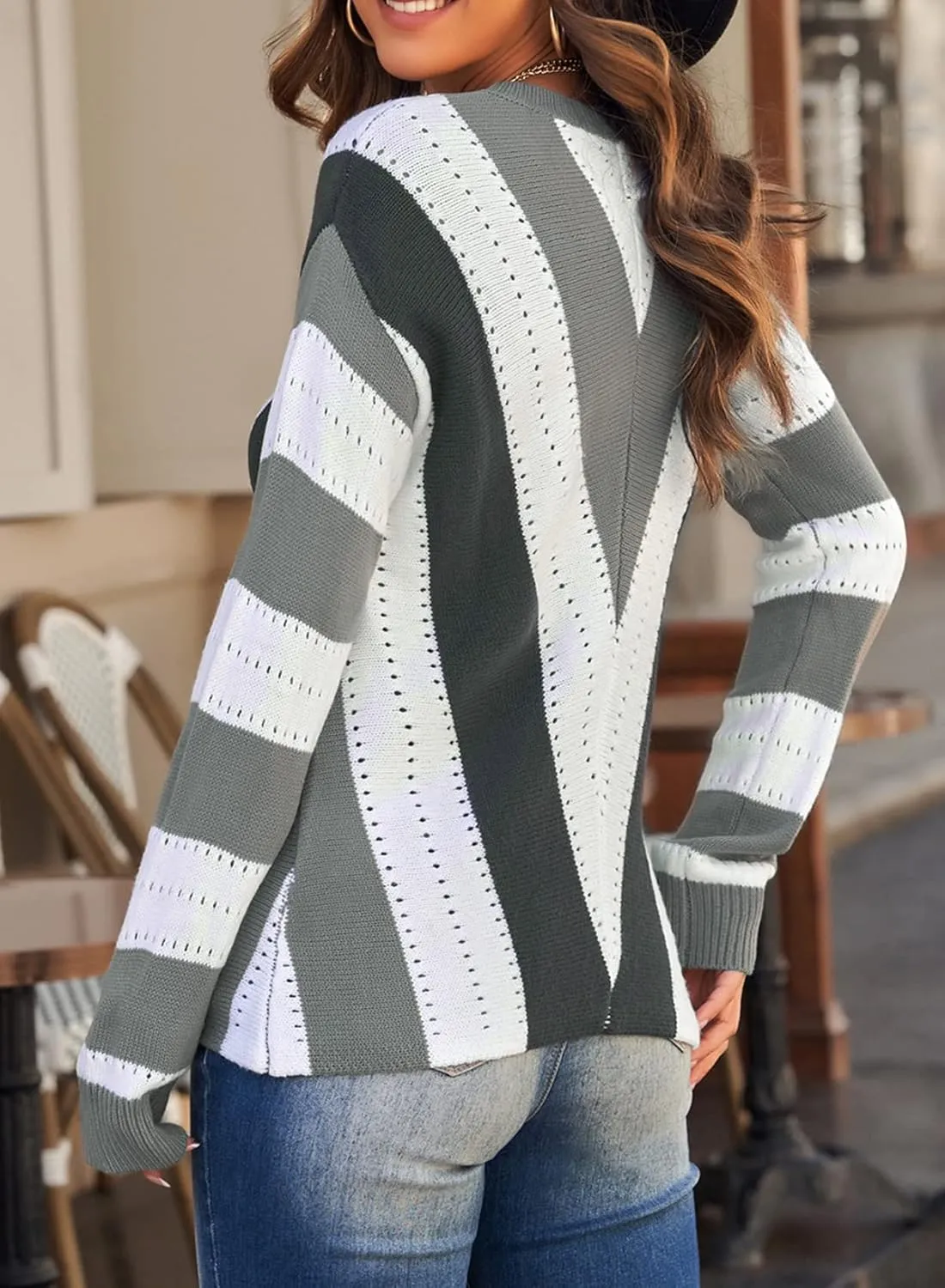 EVALESS Sweaters for Women Sleeve Sexy Deep V Neck Casual Knit Striped Pullover Sweater