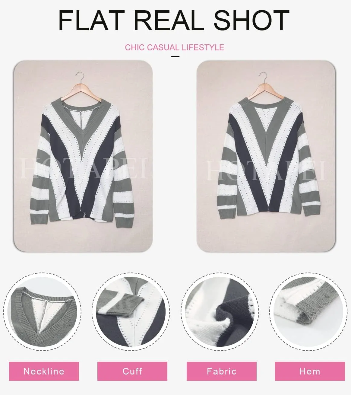 EVALESS Sweaters for Women Sleeve Sexy Deep V Neck Casual Knit Striped Pullover Sweater