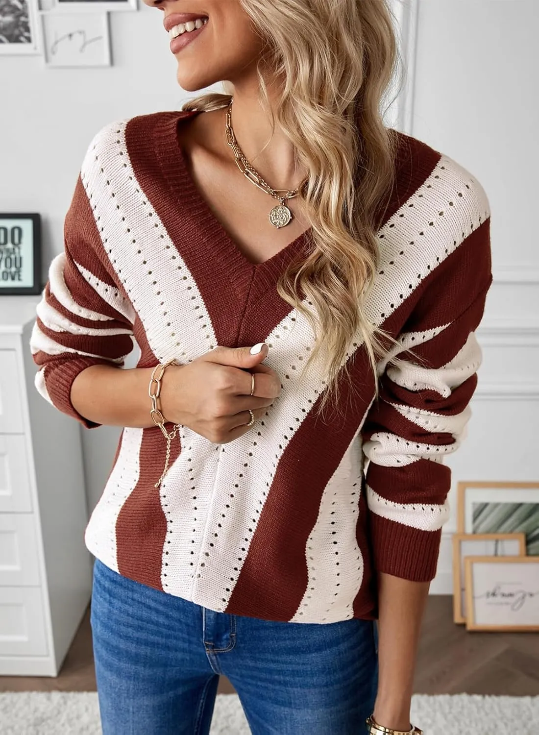 EVALESS Sweaters for Women Sleeve Sexy Deep V Neck Casual Knit Striped Pullover Sweater