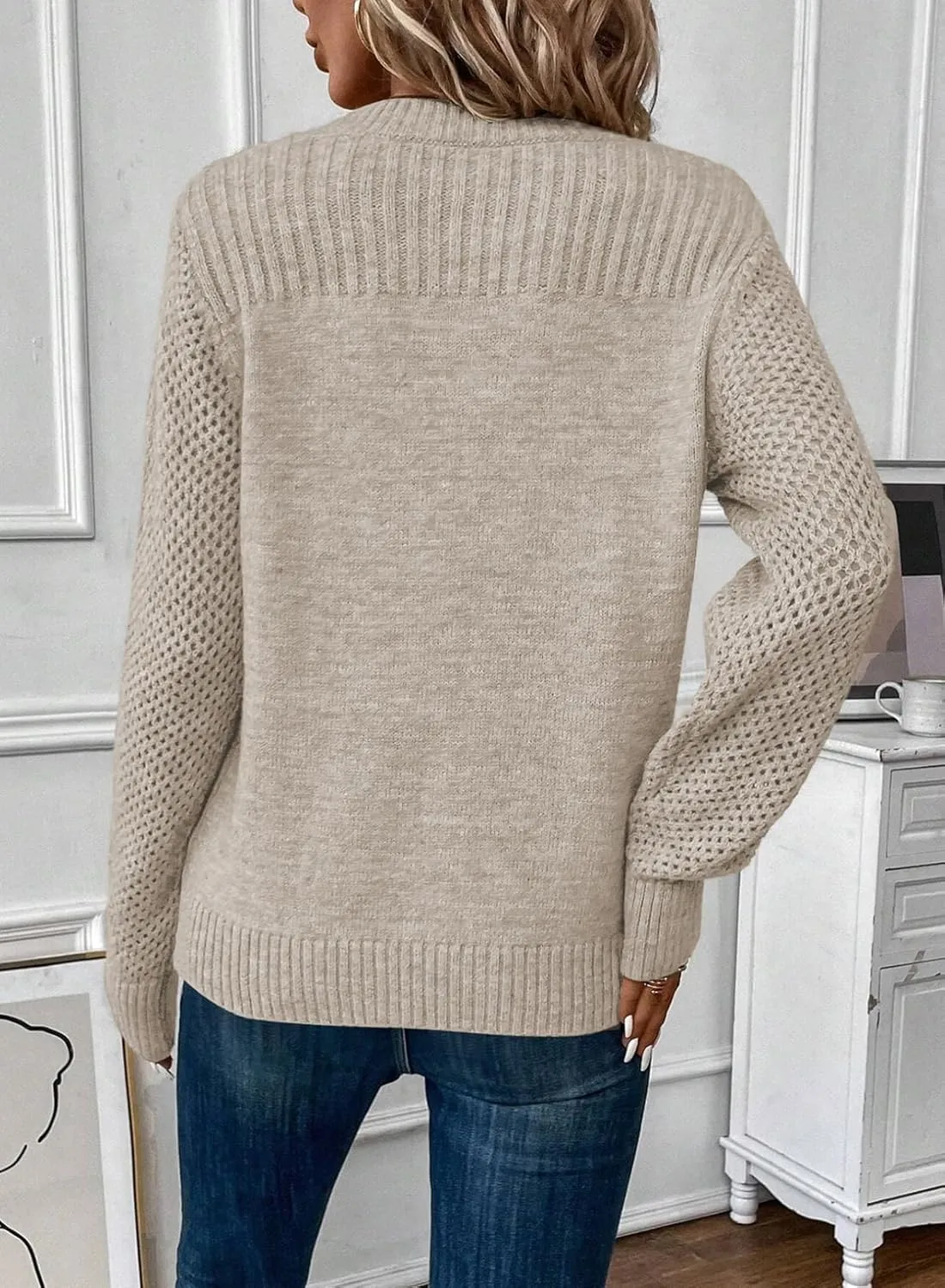 EVALESS Womens Sweaters Casual Long Sleeve Crewneck Cable Knit Lightweight Oversized Crochet Sweater Pullover Tops