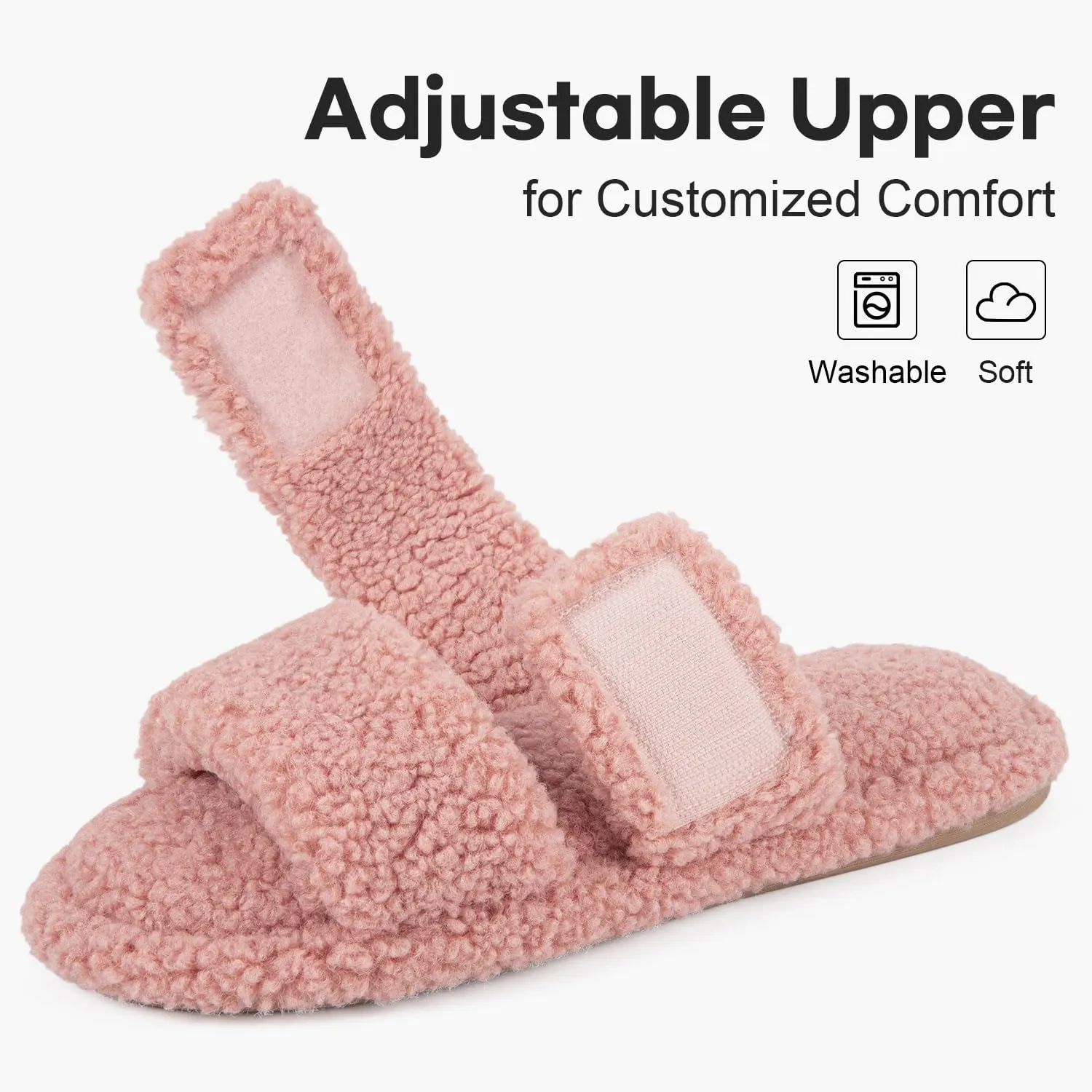 FamilyFairy Open Toe Slippers for Women Adjustable Memory Foam House Shoes Faux Fur Fuzzy Slide Sandals Non Slip Washable
