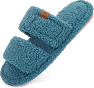 FamilyFairy Open Toe Slippers for Women Adjustable Memory Foam House Shoes Faux Fur Fuzzy Slide Sandals Non Slip Washable