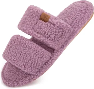 FamilyFairy Open Toe Slippers for Women Adjustable Memory Foam House Shoes Faux Fur Fuzzy Slide Sandals Non Slip Washable