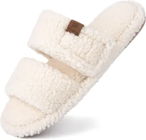 FamilyFairy Open Toe Slippers for Women Adjustable Memory Foam House Shoes Faux Fur Fuzzy Slide Sandals Non Slip Washable