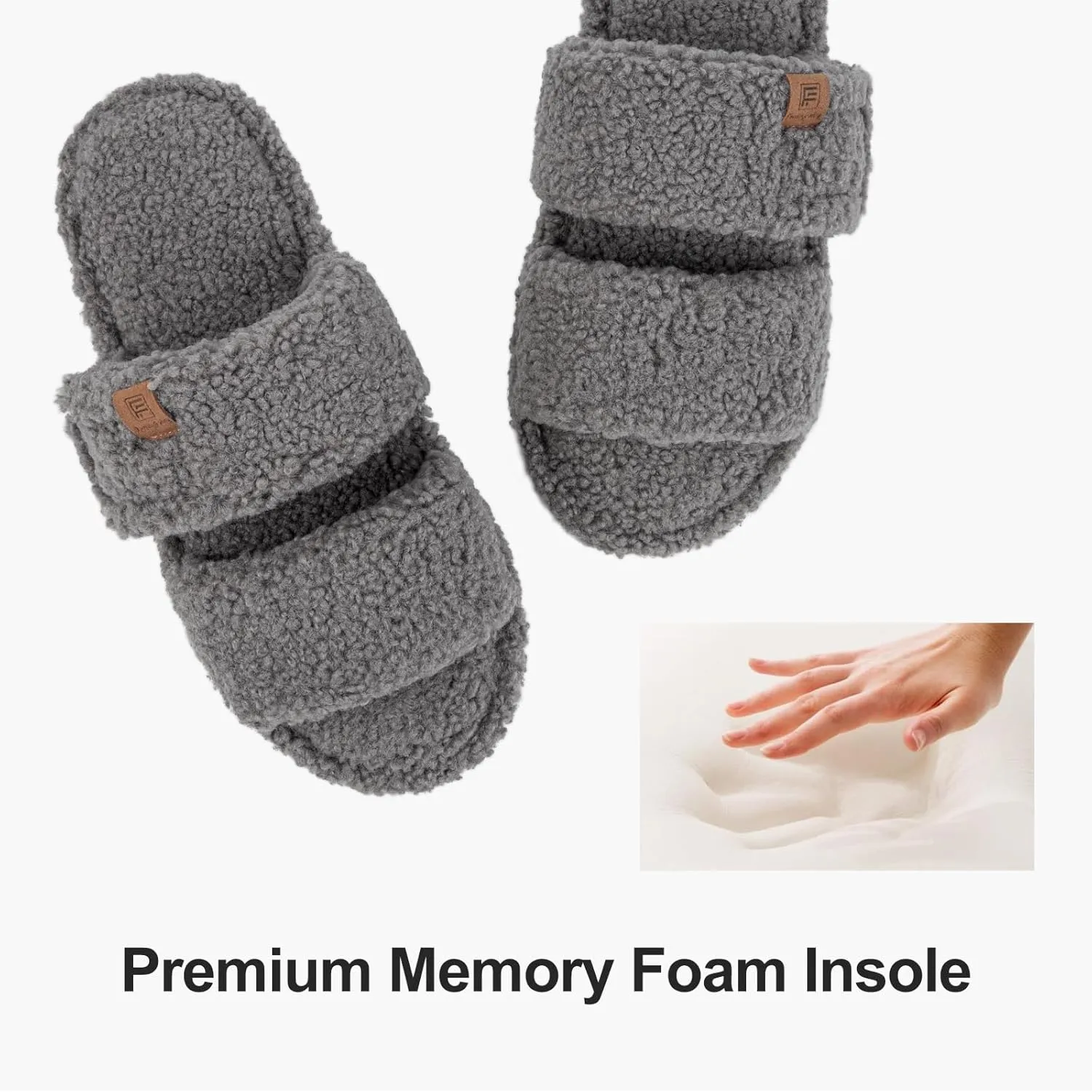 FamilyFairy Open Toe Slippers for Women Adjustable Memory Foam House Shoes Faux Fur Fuzzy Slide Sandals Non Slip Washable