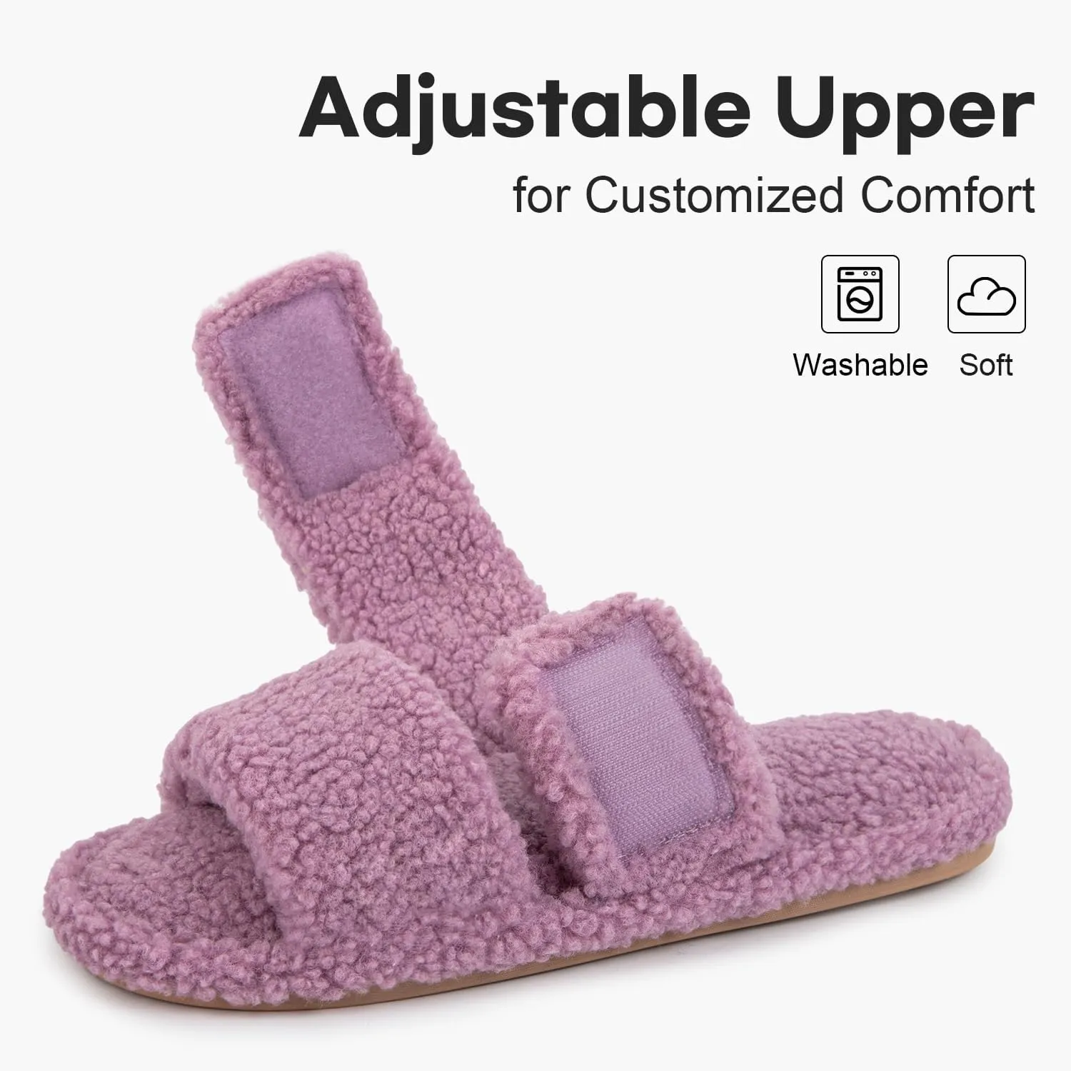 FamilyFairy Open Toe Slippers for Women Adjustable Memory Foam House Shoes Faux Fur Fuzzy Slide Sandals Non Slip Washable