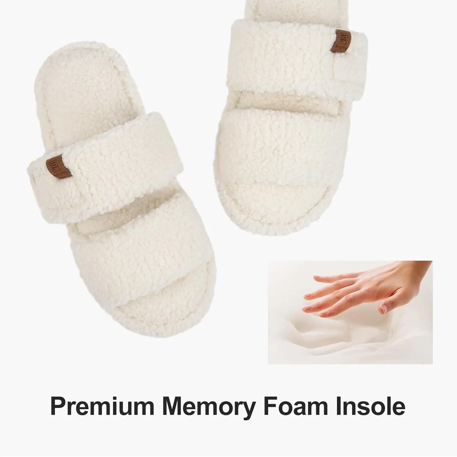 FamilyFairy Open Toe Slippers for Women Adjustable Memory Foam House Shoes Faux Fur Fuzzy Slide Sandals Non Slip Washable