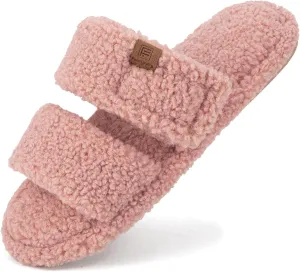 FamilyFairy Open Toe Slippers for Women Adjustable Memory Foam House Shoes Faux Fur Fuzzy Slide Sandals Non Slip Washable