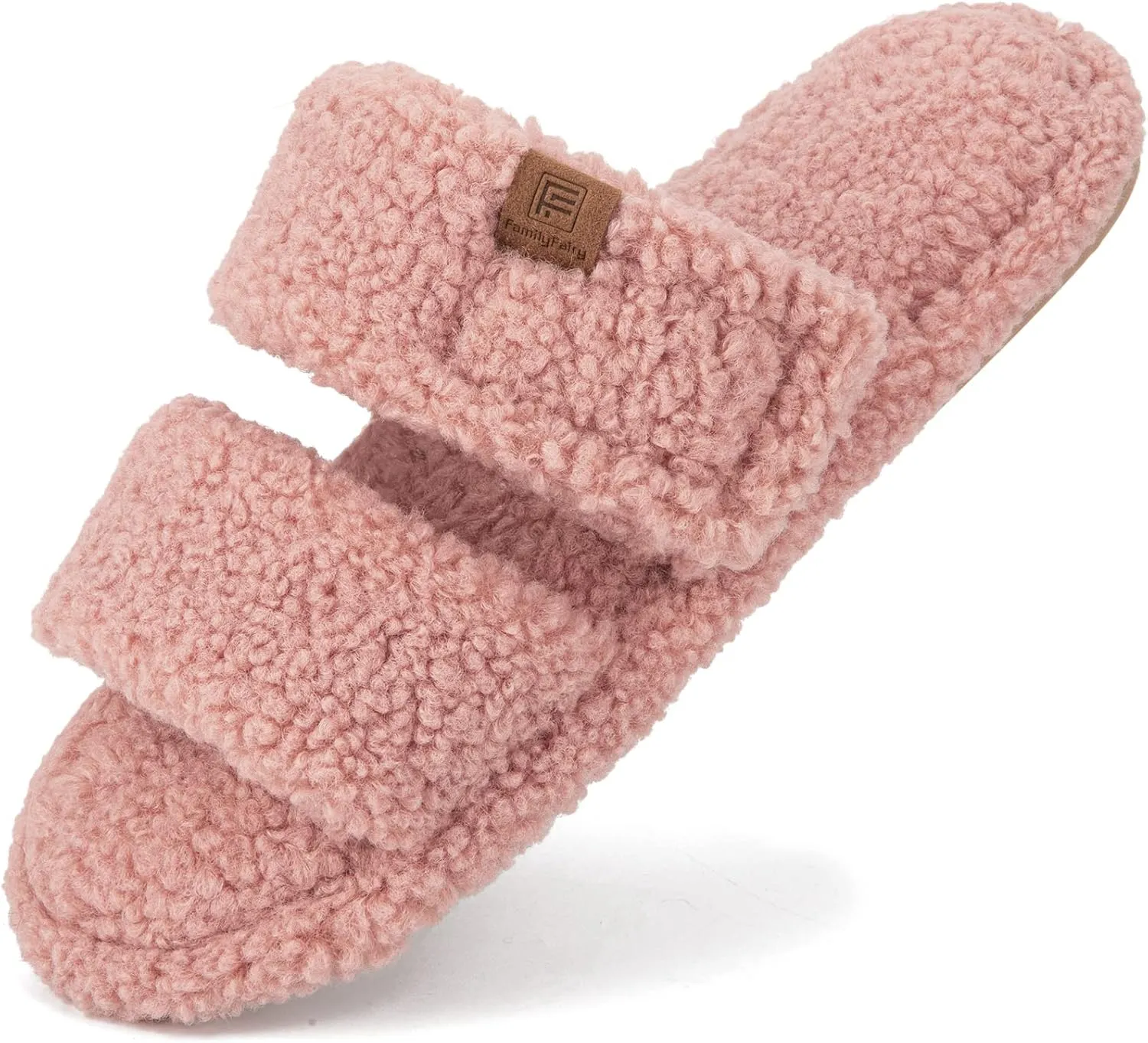 FamilyFairy Open Toe Slippers for Women Adjustable Memory Foam House Shoes Faux Fur Fuzzy Slide Sandals Non Slip Washable