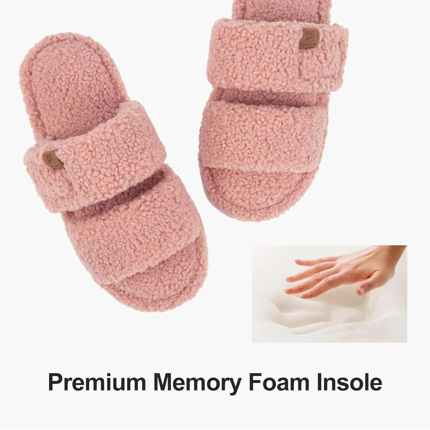 FamilyFairy Open Toe Slippers for Women Adjustable Memory Foam House Shoes Faux Fur Fuzzy Slide Sandals Non Slip Washable