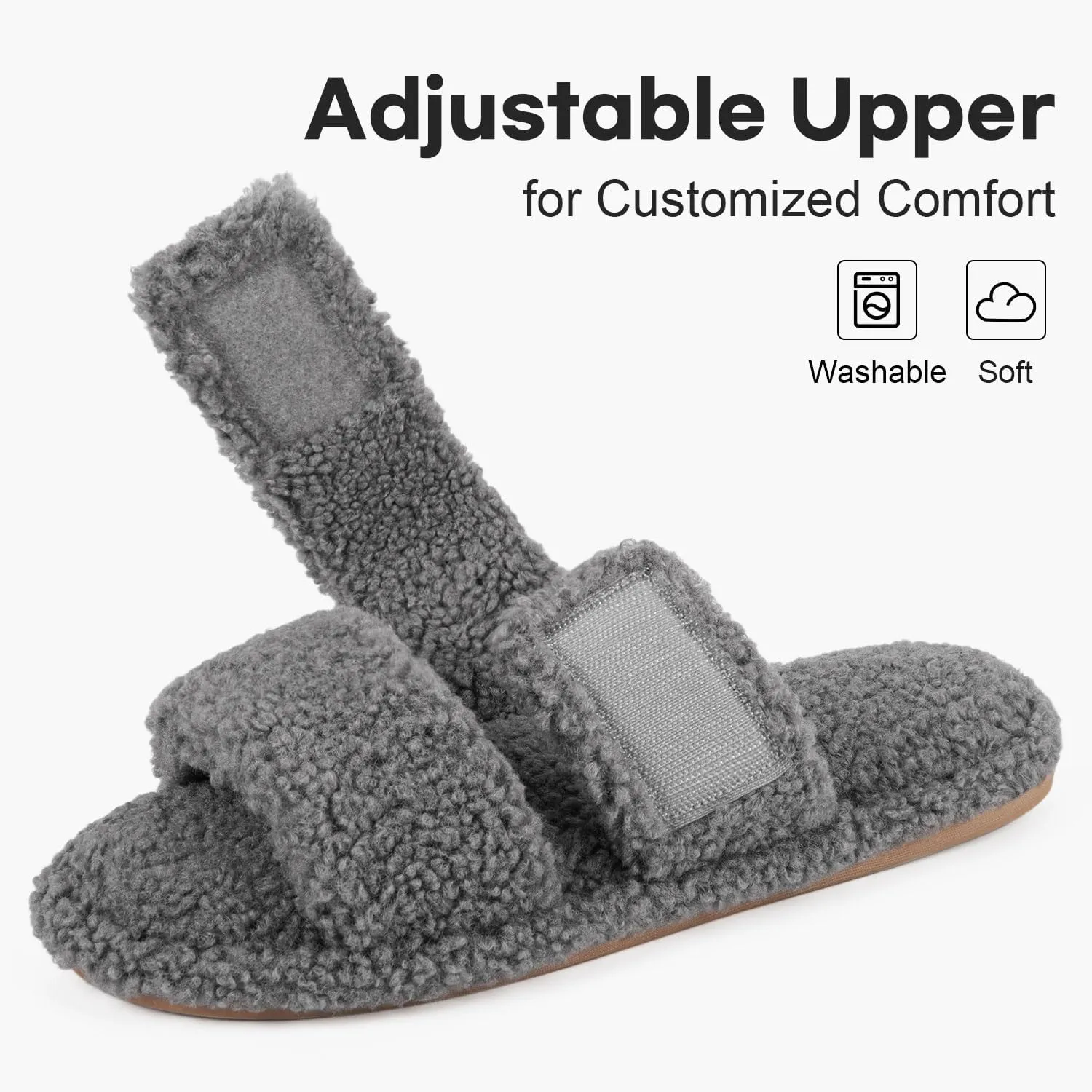 FamilyFairy Open Toe Slippers for Women Adjustable Memory Foam House Shoes Faux Fur Fuzzy Slide Sandals Non Slip Washable