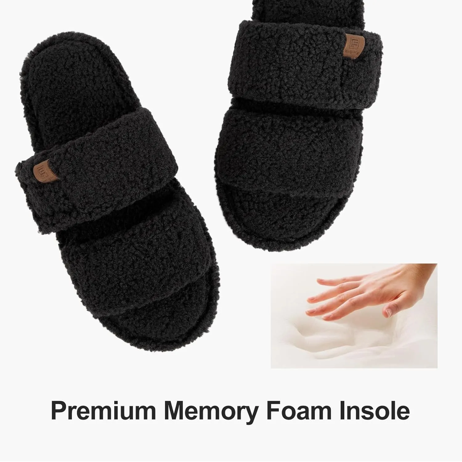 FamilyFairy Open Toe Slippers for Women Adjustable Memory Foam House Shoes Faux Fur Fuzzy Slide Sandals Non Slip Washable