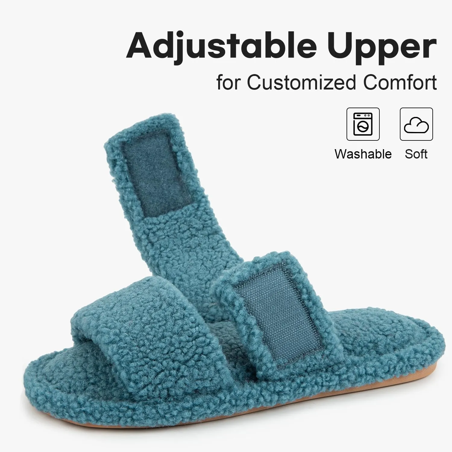 FamilyFairy Open Toe Slippers for Women Adjustable Memory Foam House Shoes Faux Fur Fuzzy Slide Sandals Non Slip Washable