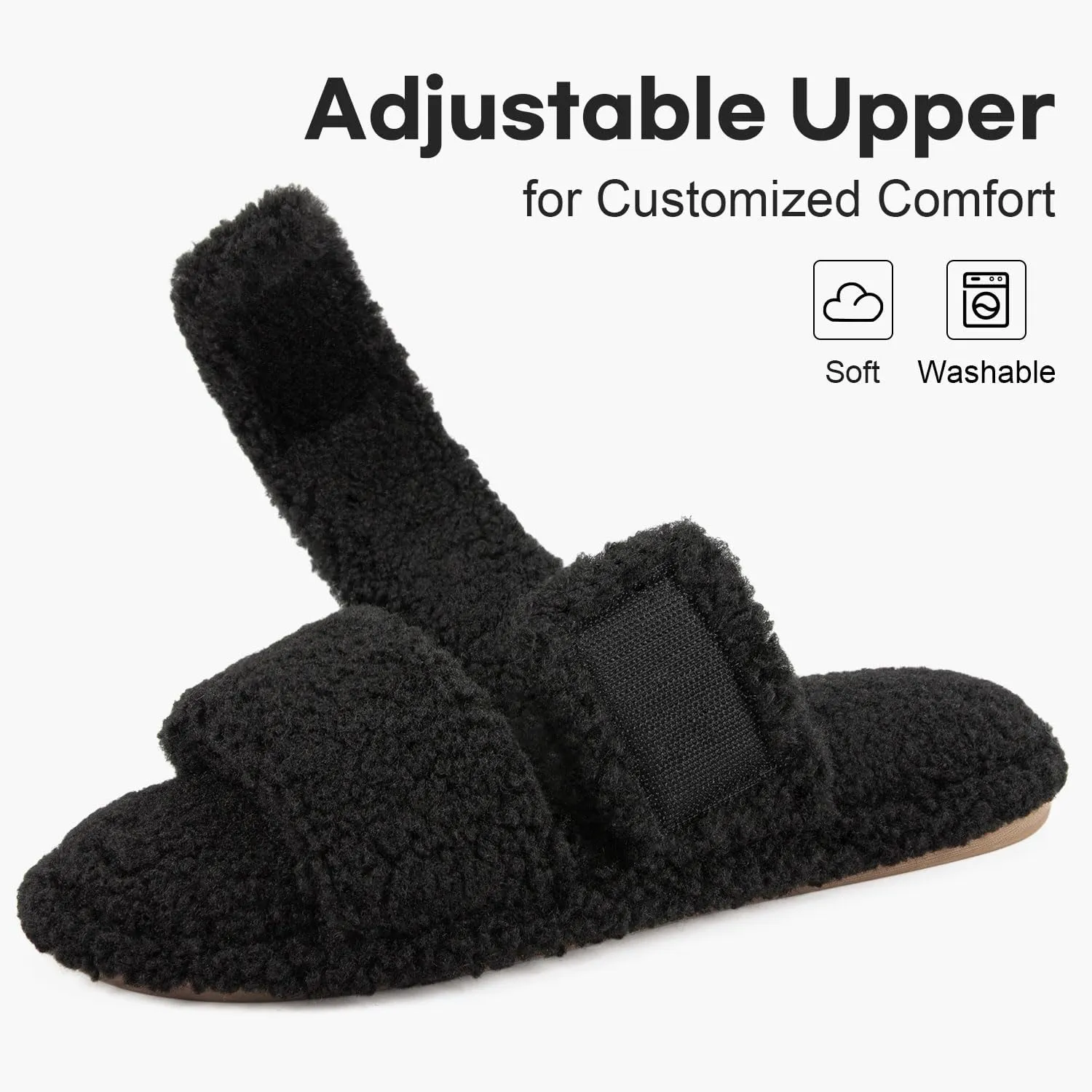 FamilyFairy Open Toe Slippers for Women Adjustable Memory Foam House Shoes Faux Fur Fuzzy Slide Sandals Non Slip Washable