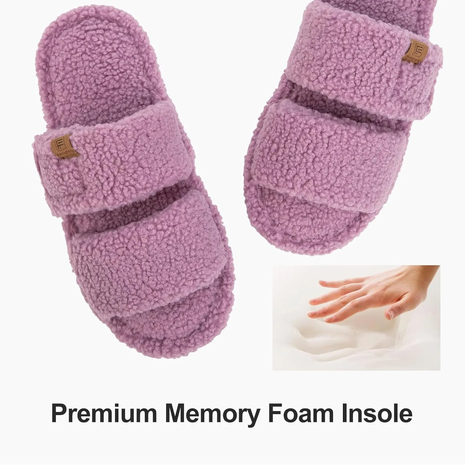 FamilyFairy Open Toe Slippers for Women Adjustable Memory Foam House Shoes Faux Fur Fuzzy Slide Sandals Non Slip Washable