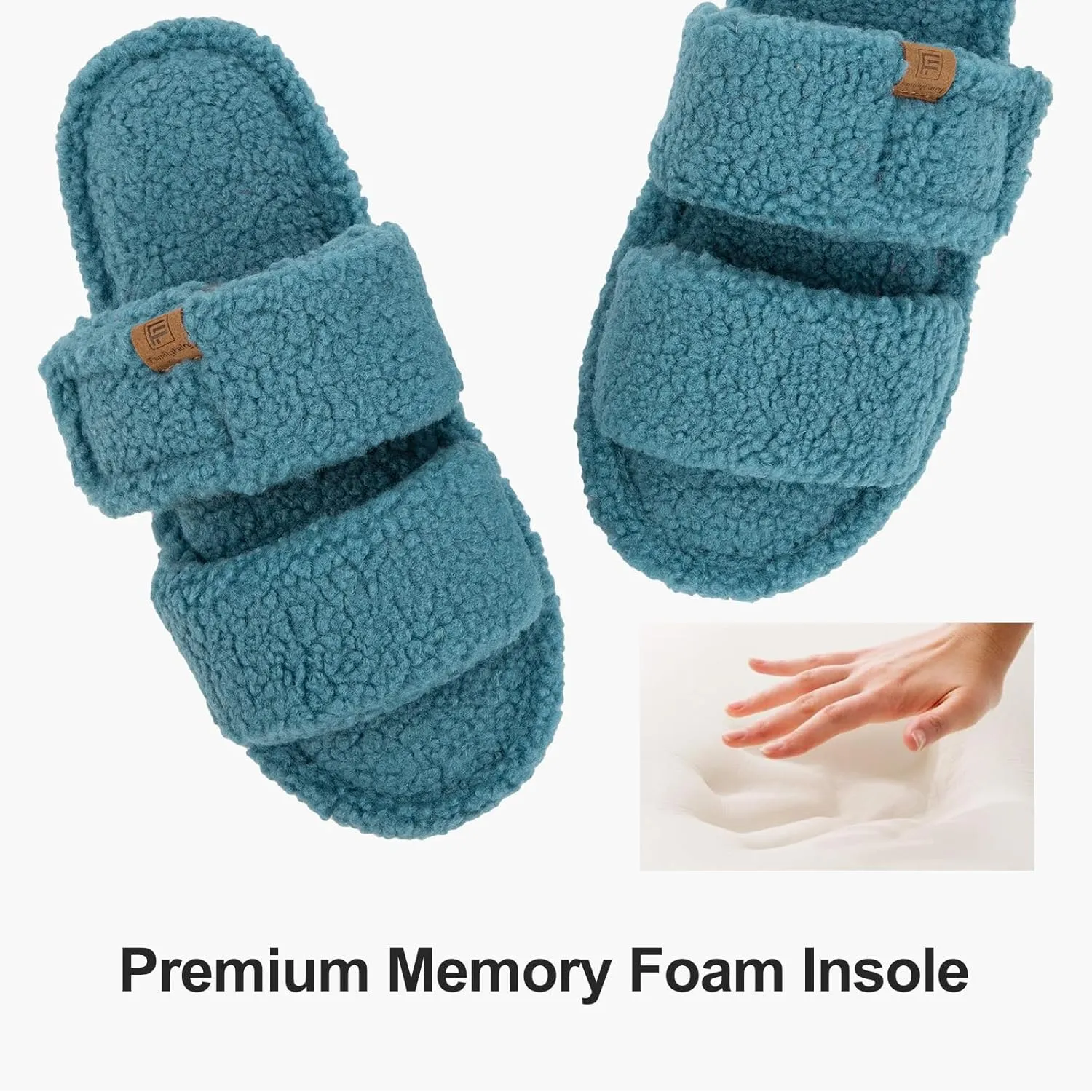 FamilyFairy Open Toe Slippers for Women Adjustable Memory Foam House Shoes Faux Fur Fuzzy Slide Sandals Non Slip Washable