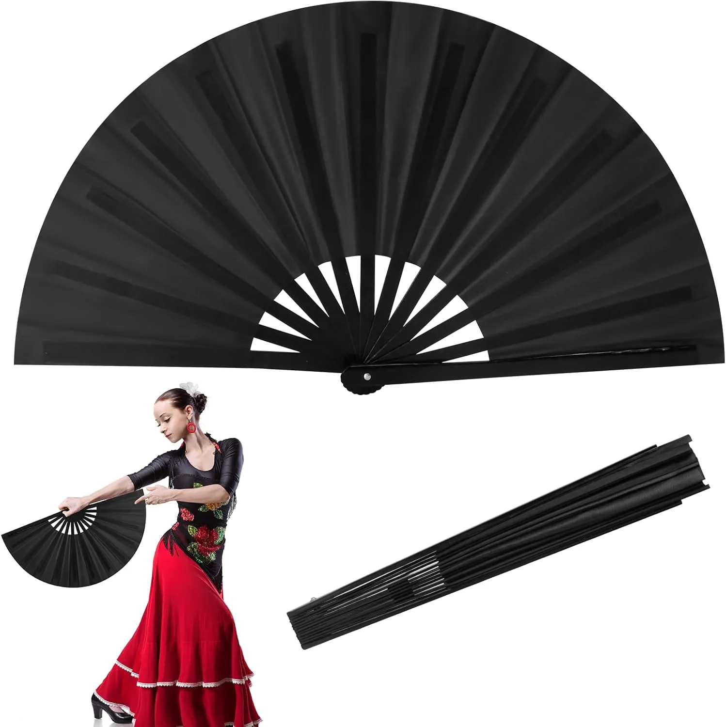 Fan for Line Dancing, Large Folding Hand Fan, 13" Premium Fan for women foldable, Rave Parties Performances, Chinese Style, Perfect for Boots On The Ground Dance Festival, Decor & Gifts (Black)