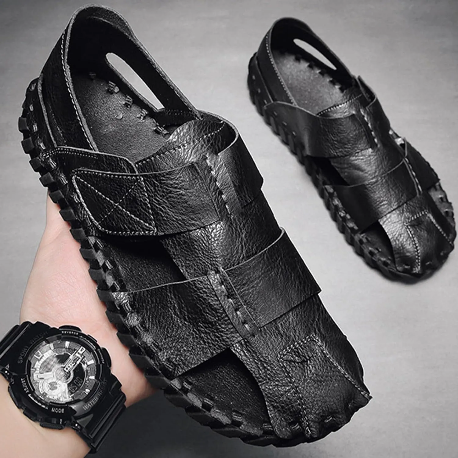 Fashion Large Size Sport Sandals for Men, Casual Handmade Summer Fisherman Shoes, Soft Closed Toe Beach Shoes