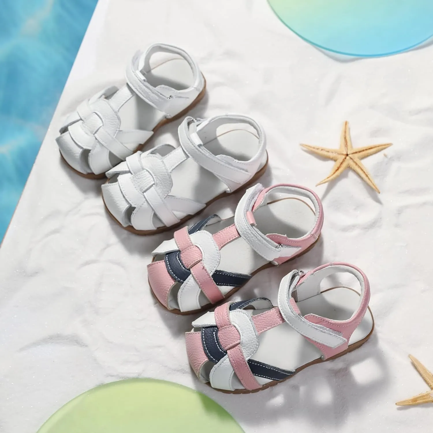 Femizee Girls Genuine Leather Soft Closed Toe Princess Flat Shoes Summer Sandals(Toddler/Little Kid)