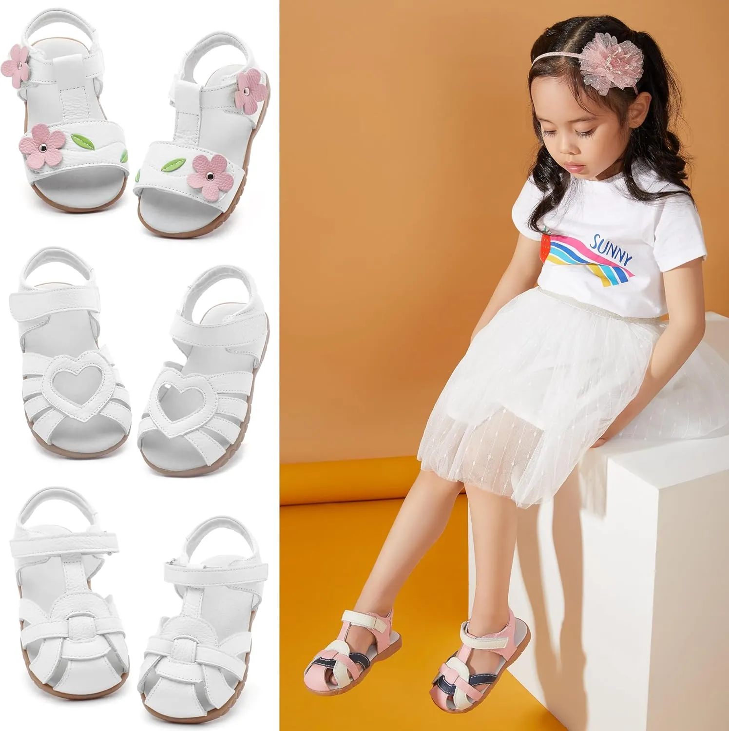 Femizee Girls Genuine Leather Soft Closed Toe Princess Flat Shoes Summer Sandals(Toddler/Little Kid)