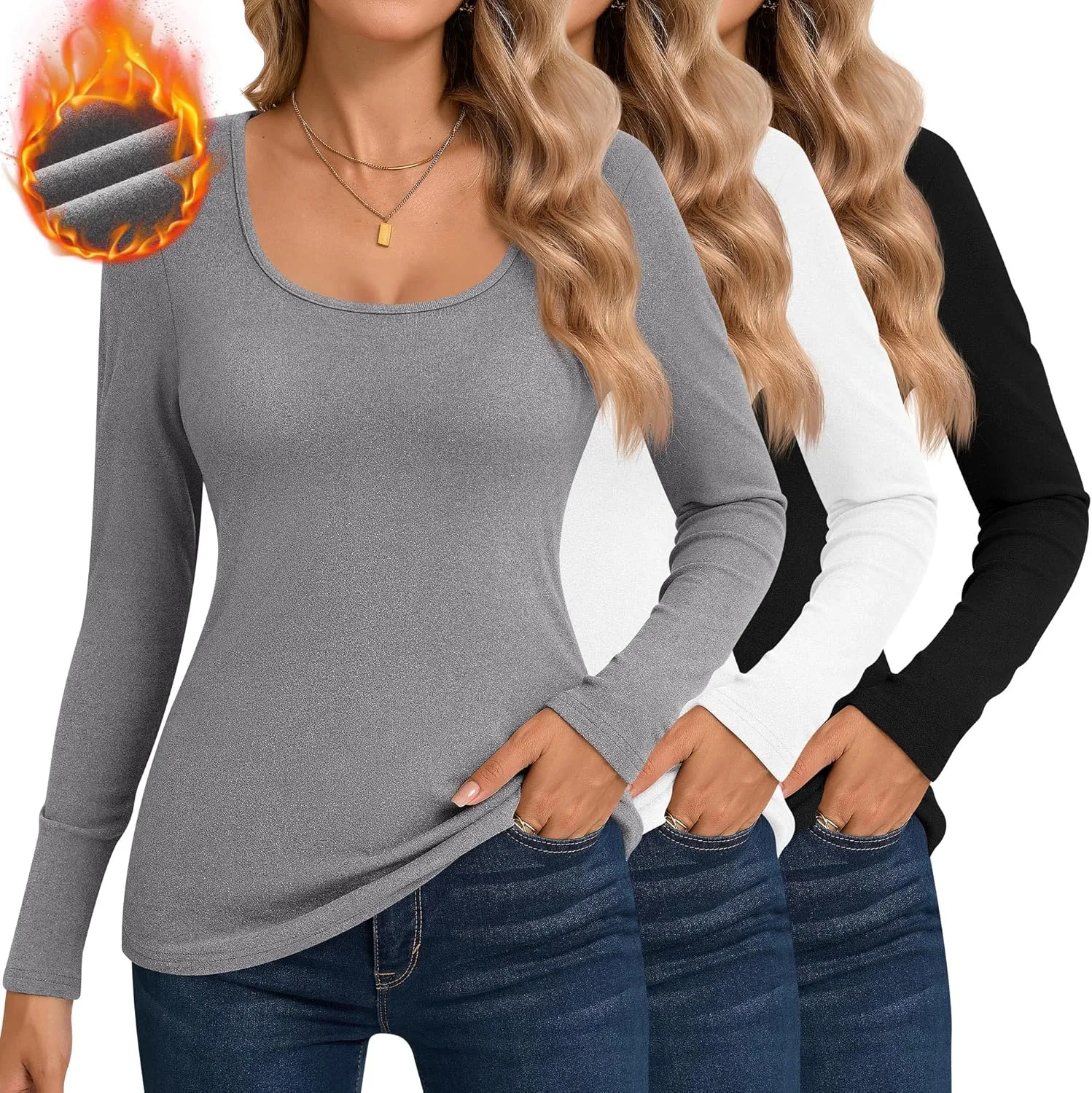 Ficerd 3 Pack Women's Thermal Long Sleeve Shirts Fleece Lined Scoop Neck Stretch Fitted Tops Winter Base Layer Underwear