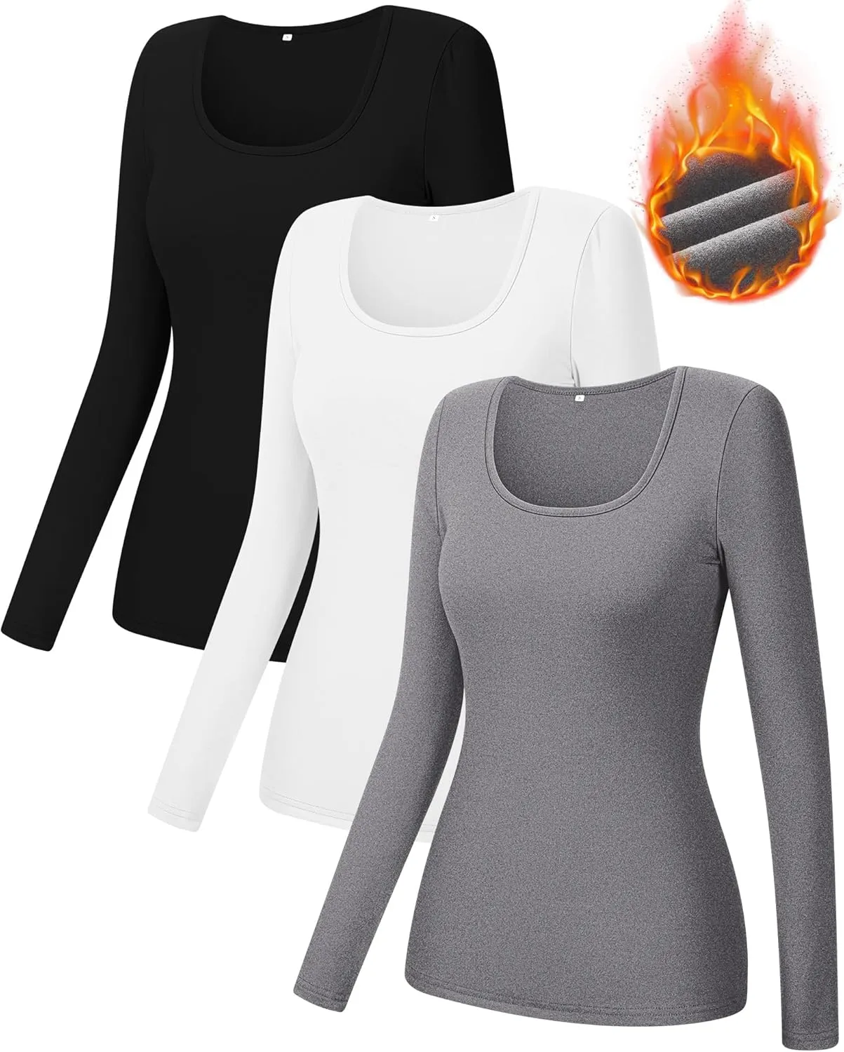 Ficerd 3 Pack Women's Thermal Long Sleeve Shirts Fleece Lined Scoop Neck Stretch Fitted Tops Winter Base Layer Underwear