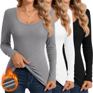 Ficerd 3 Pack Women's Thermal Long Sleeve Shirts Fleece Lined Scoop Neck Stretch Fitted Tops Winter Base Layer Underwear