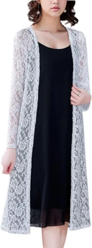 FindThy Women’s Casual Long Duster Cardigan 3/4 Sleeve Open Front Embroidered Lace Kimono Cover Up