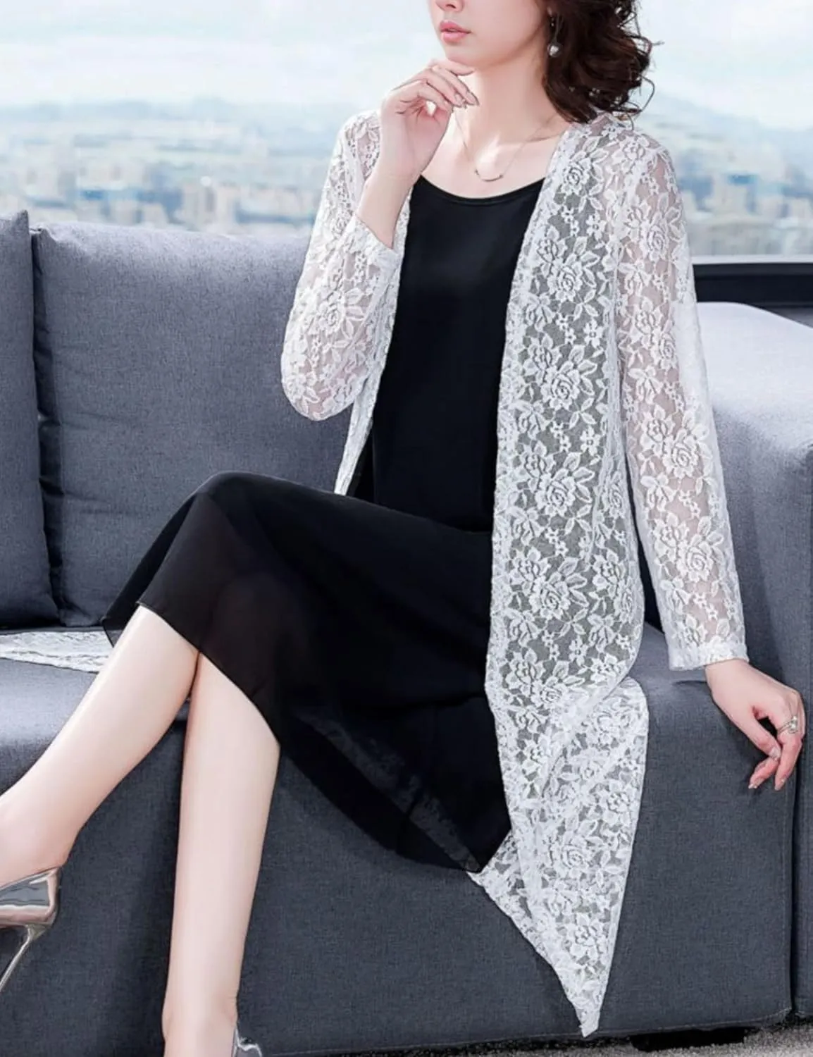 FindThy Women’s Casual Long Duster Cardigan 3/4 Sleeve Open Front Embroidered Lace Kimono Cover Up