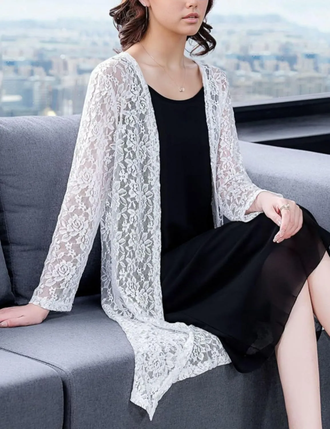 FindThy Women’s Casual Long Duster Cardigan 3/4 Sleeve Open Front Embroidered Lace Kimono Cover Up