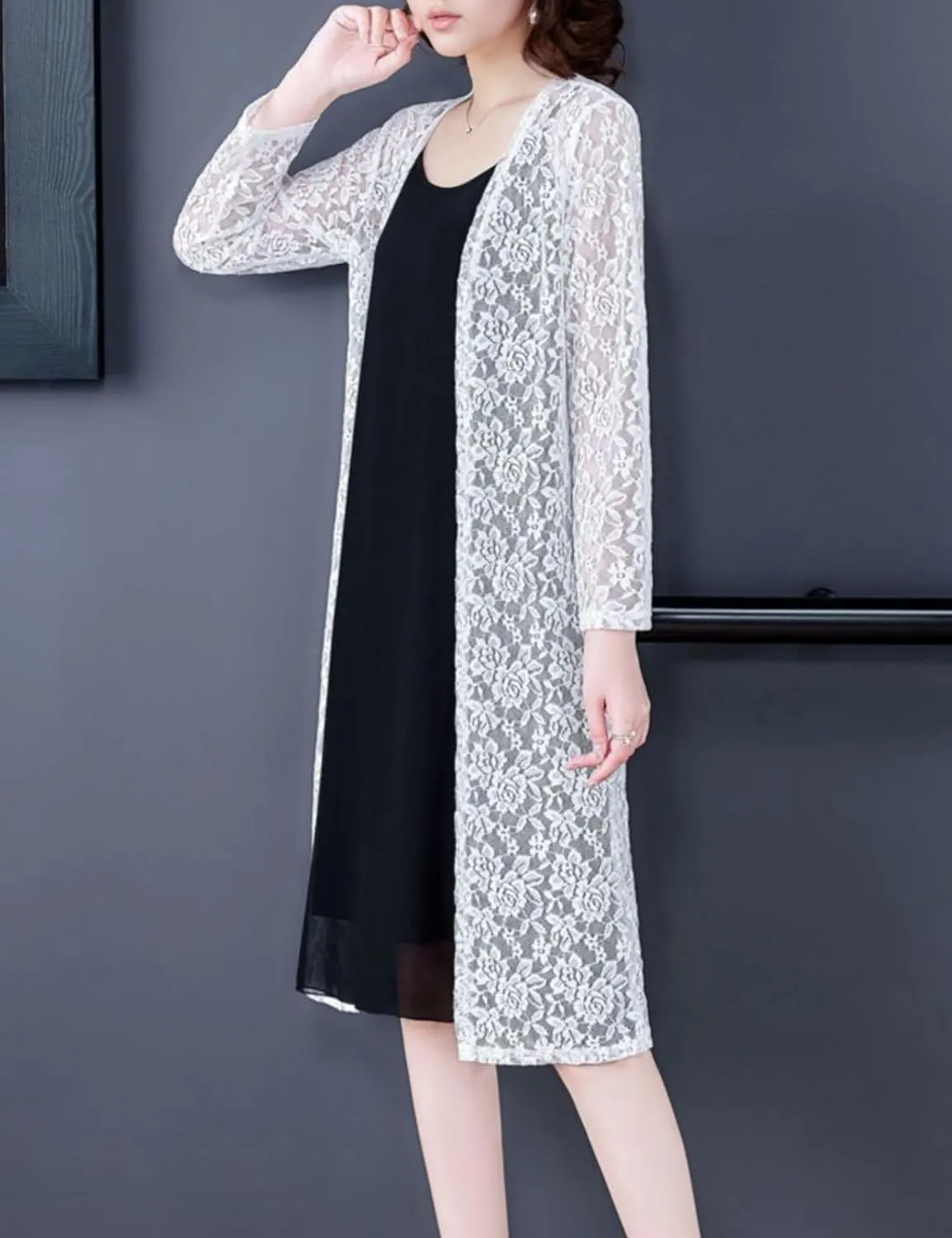 FindThy Women’s Casual Long Duster Cardigan 3/4 Sleeve Open Front Embroidered Lace Kimono Cover Up