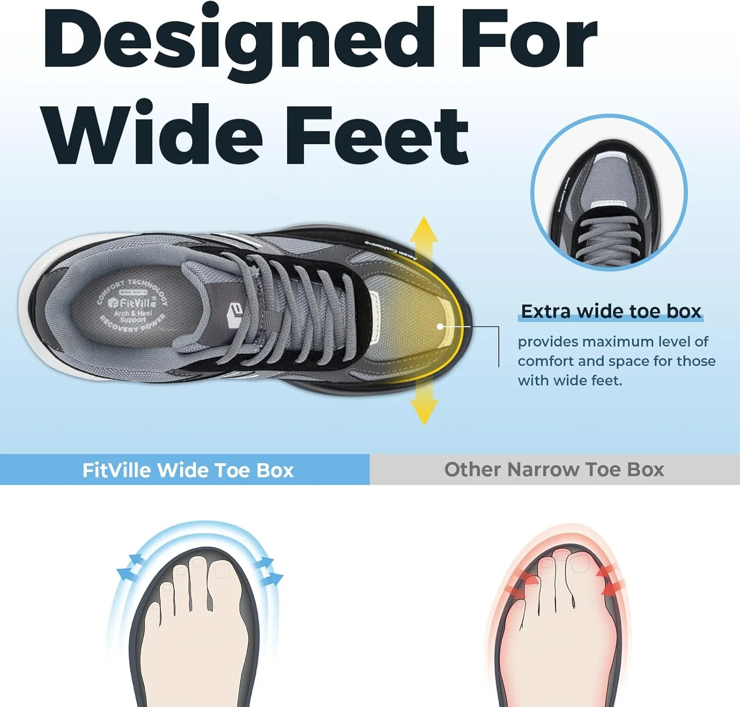 FitVille Wide Walking Shoes for Women Air Cushion Wide Width Sneakers for Flat Feet Planter Fasciitis - HeelAero V2