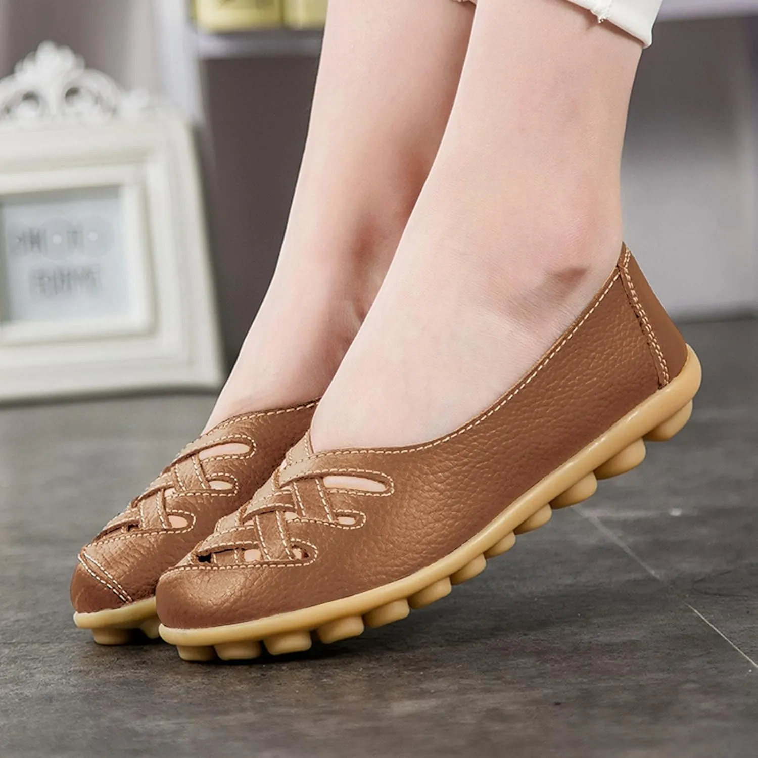 Flat Loafer Shoes for Women Wide Width Round Toe Hollow Soft Flats Sandals Comfortable Summer Casual Slip-On Walking Moccasins Shoes Breathable Lightweight Nurse Driving Soft Soles Fashion Loafers