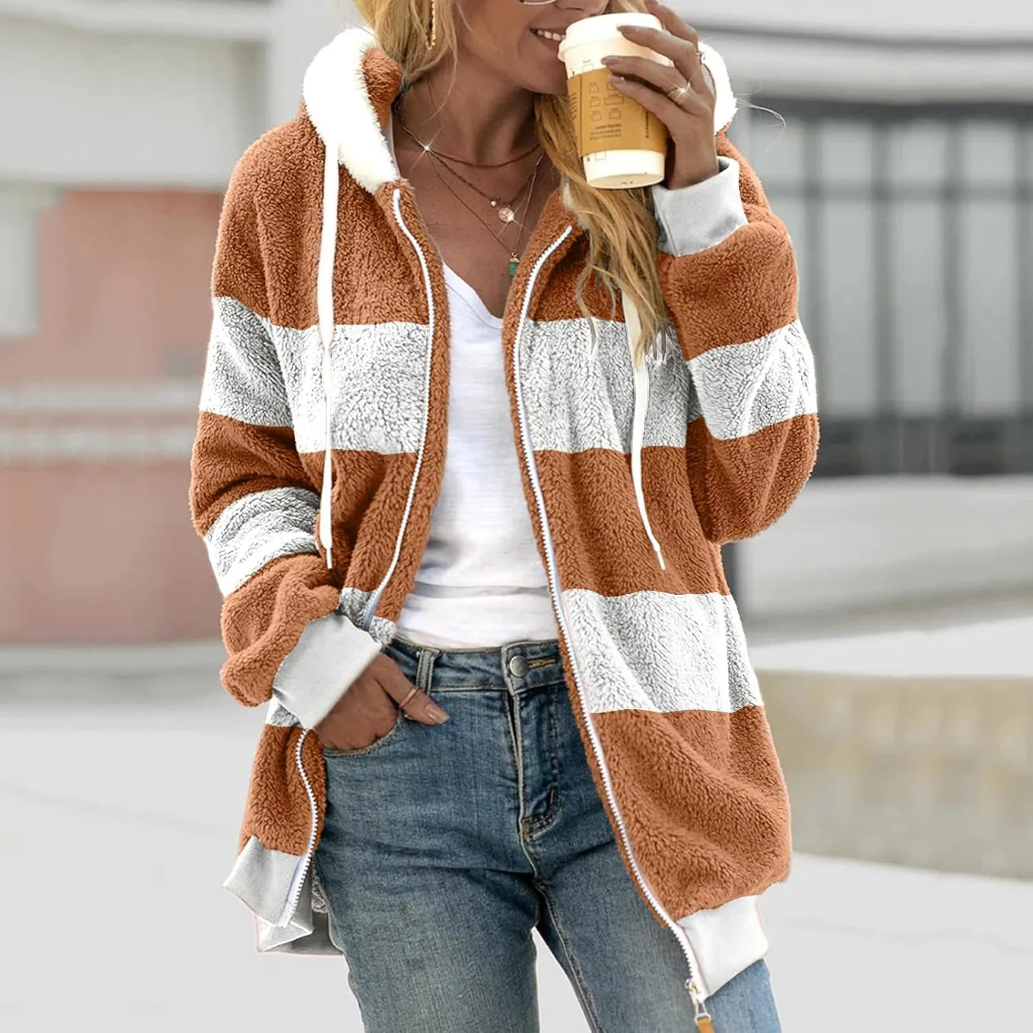 Fleece Jacket Womens Plus Size Loose Fuzzy Jacket Colorblock Plush Zip Up Hoodies Casual Faux Fur Jacket Outerwear