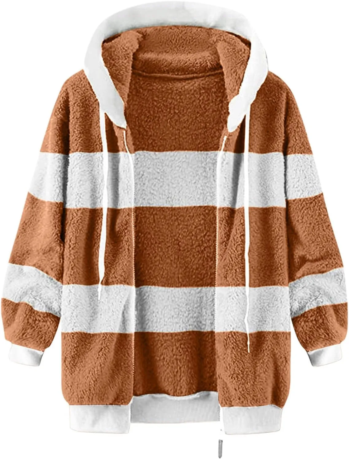Fleece Jacket Womens Plus Size Loose Fuzzy Jacket Colorblock Plush Zip Up Hoodies Casual Faux Fur Jacket Outerwear