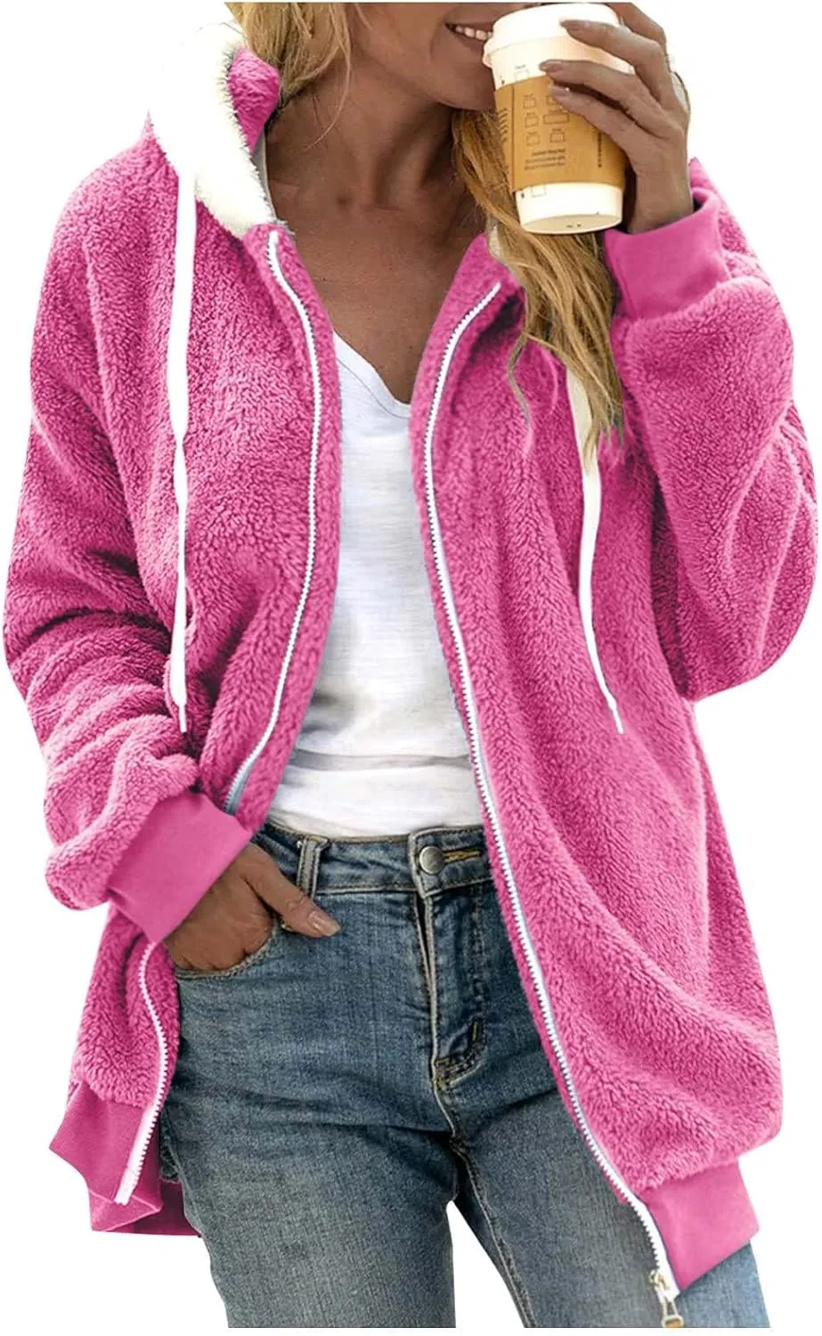 Fleece Jacket Womens Plus Size Loose Fuzzy Jacket Colorblock Plush Zip Up Hoodies Casual Faux Fur Jacket Outerwear