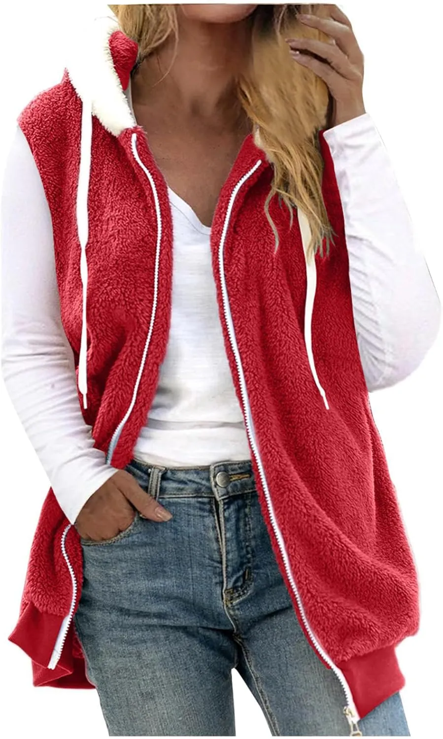 Fleece Jacket Womens Plus Size Loose Fuzzy Jacket Colorblock Plush Zip Up Hoodies Casual Faux Fur Jacket Outerwear