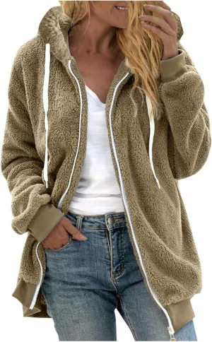 Fleece Jacket Womens Plus Size Loose Fuzzy Jacket Colorblock Plush Zip Up Hoodies Casual Faux Fur Jacket Outerwear