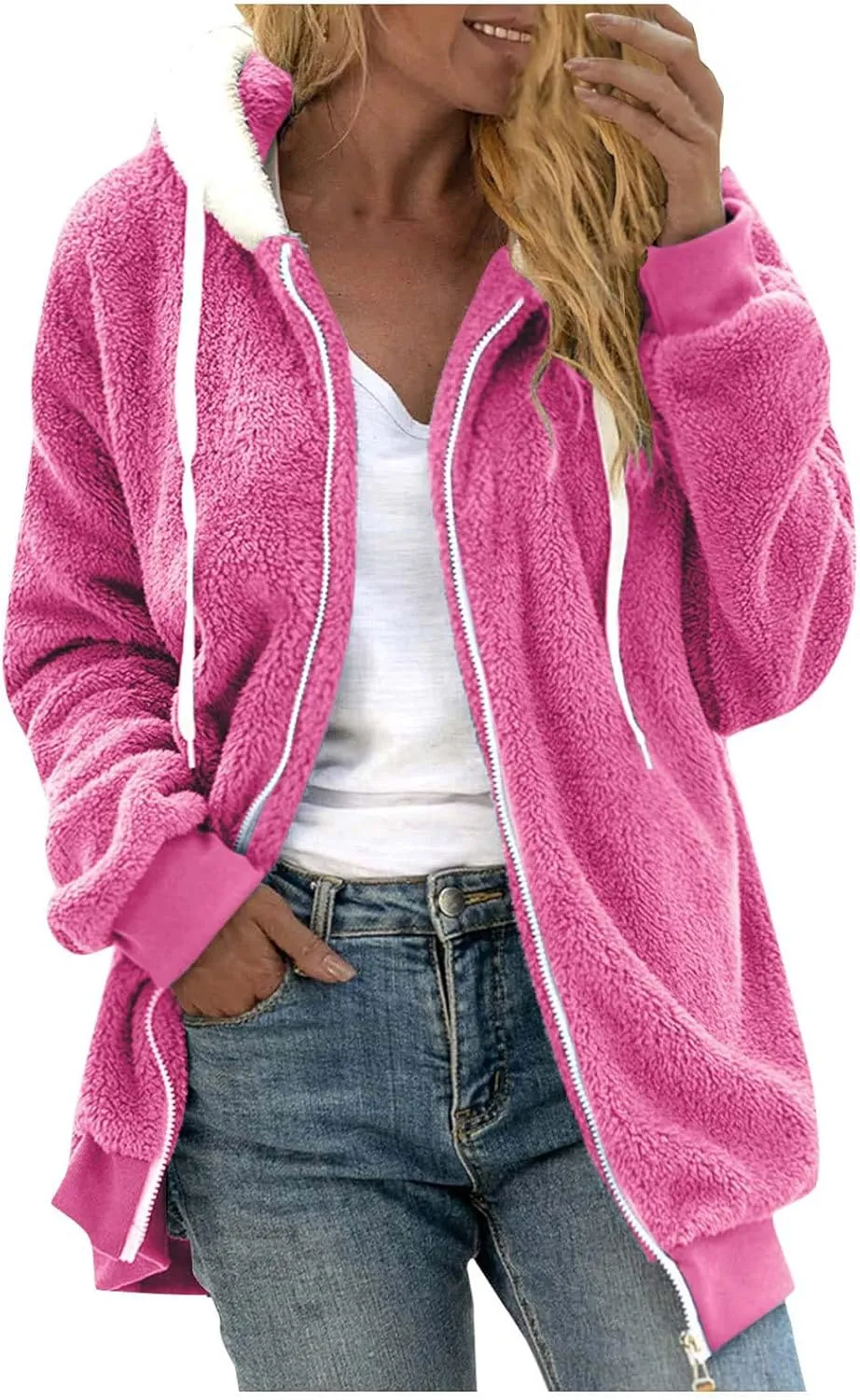 Fleece Jacket Womens Plus Size Loose Fuzzy Jacket Colorblock Plush Zip Up Hoodies Casual Faux Fur Jacket Outerwear