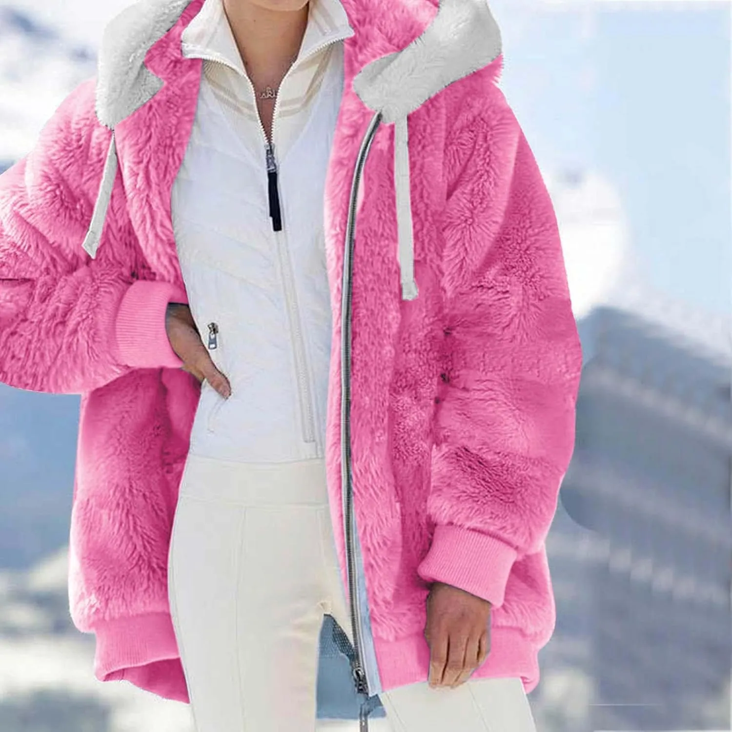 Fleece Jacket Womens Plus Size Loose Fuzzy Jacket Colorblock Plush Zip Up Hoodies Casual Faux Fur Jacket Outerwear