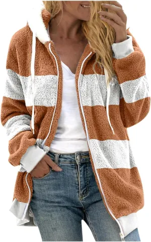 Fleece Jacket Womens Plus Size Loose Fuzzy Jacket Colorblock Plush Zip Up Hoodies Casual Faux Fur Jacket Outerwear